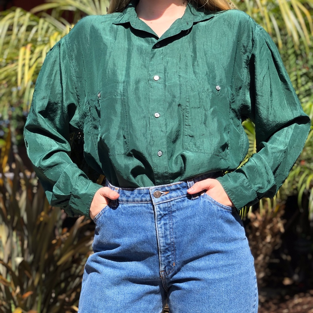 Vintage Perry Ellis Forrest Green Silk Blouse